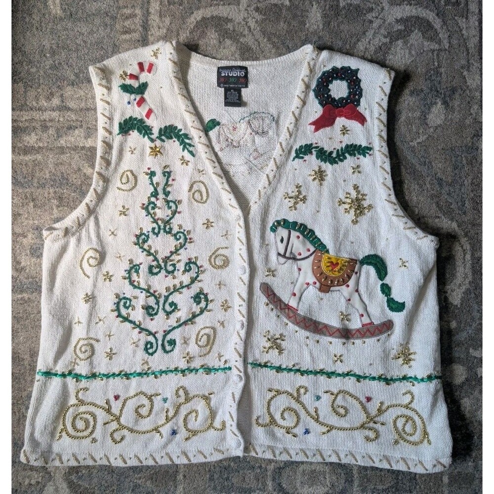 VTG Segue Ugly Christmas Vest Sweater XL White Beaded Embroidered Rocking Horse